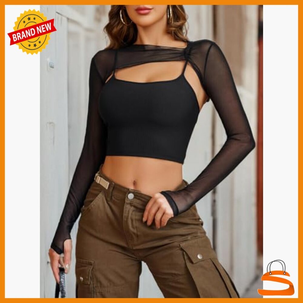 Mesh Long Sleeve Crop Top with Cami Clubwear Set Thumb Holes - Picture 6 of 7